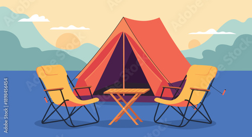 Peaceful camping scene with an orange tent and two yellow chairs set up by a lake with mountains in the background at sunset.