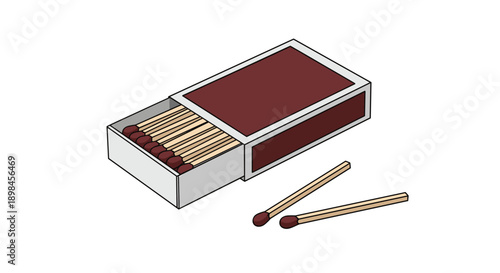 Matchbox partially open with a collection of wooden matches inside and two matches lying next to it on a white background.