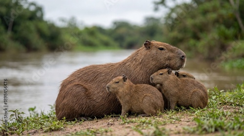 Adult Capybara with its Adorable Pups Resting by a Riverbank in a Natural Habitat