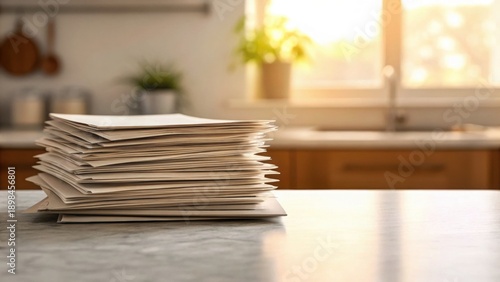 Stacked Utility Bills on Kitchen Counter in Warm Sunlight