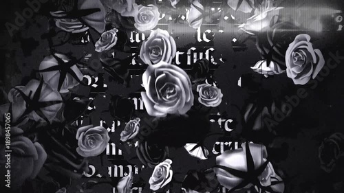 Wallpaper Mural Falling gothic style roses with distorted text elements, on a black and white looping background. Torontodigital.ca
