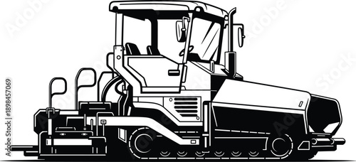 Heavy industrial asphalt paver machine vector illustration black and white line art icon for road construction paving and civil engineering projects.