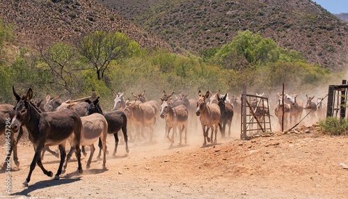 Homeward bound and kicking up the dust. A herd of well behaved donkeys crossing the road on their way home from the pasture.