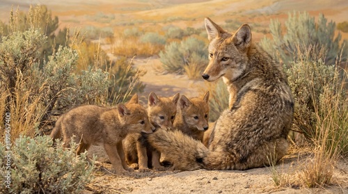Mother coyote watches over her three young pups in a warm, sandy desert environment.