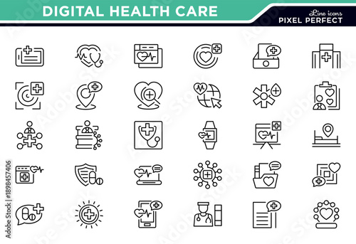 Digital Health Care line icon set. Medical technology, Digital, innovation, tech, healthcare, treatment, consultation, online checkup, virtual clinic, doctor line icon set. UI thin line icon pack.