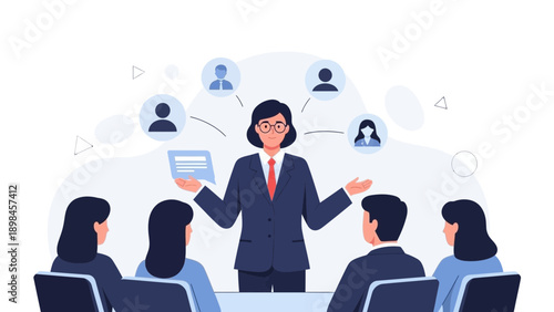 Businesswoman leading meeting, team collaboration, corporate presentation, strategy discussion