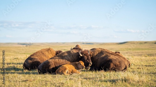 Peaceful Family of American Bison with a Calf Resting in a Sunny Grassy Field