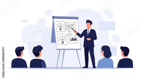 Business presentation: speaker explaining ideas with charts on flip chart to attentive audience