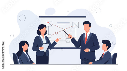 Business meeting with presentation, teamwork, strategy, and planning