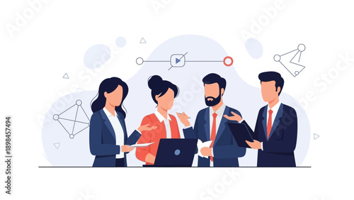 Diverse business team collaborating on a project with laptop and charts