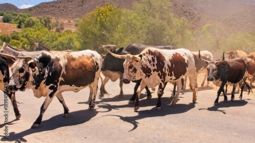 Nguni cattle cross a road near De Rust. Three hndsome Nguni bulls, with their uniquely patterned hides, cross a main road on their way home from the pasture.