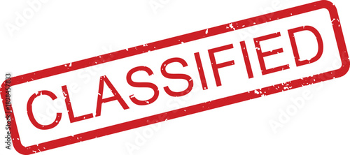This distressed red rectangular rubber stamp features the prominent word CLASSIFIED indicating restricted access on a white background