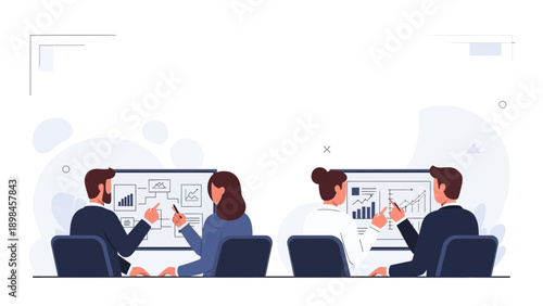 Business meeting with charts and graphs on presentation screens