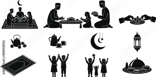 Ramadan Islamic Icons Featuring Family Meals Prayer And Religious Symbols muslim