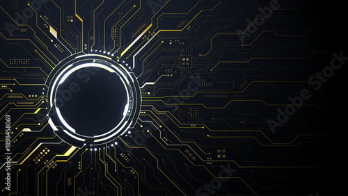 Futuristic HUD portal with golden electric pathways spreading across dark canvas. Advanced semiconductor architecture and processor design for cutting-edge technology illustrations.