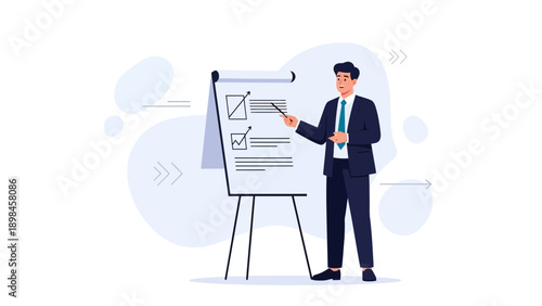 Businessman presenting on flip chart, analyzing data, business strategy, planning