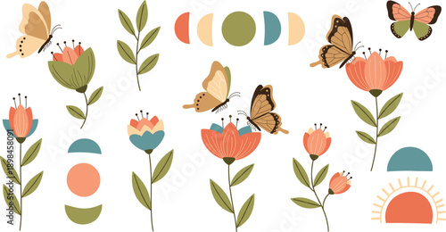 Bohemian garden vector collection with aesthetic butterflies flowers and botanical leaves in earthy muted tones for modern stationary and home decor
