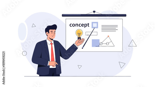 Businessman presenting a new concept with lightbulb idea on whiteboard