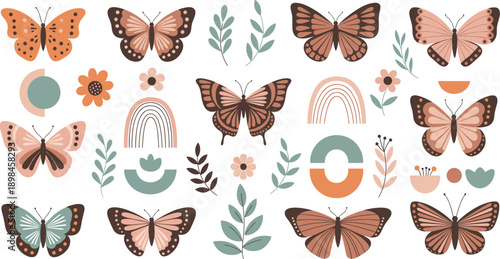 Bohemian butterfly vector collection with earthy muted tones floral elements and rainbows for modern nursery decor and aesthetic stationary design