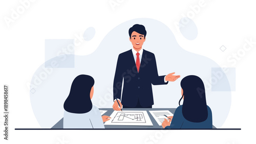 Business meeting with manager and employees discussing a project plan