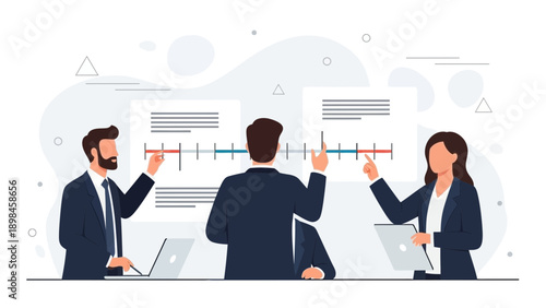 Business Team Analyzing Strategy on Whiteboard with Charts and Laptops