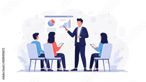 Business presentation with charts and graphs, team meeting, training session