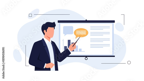 Businessman Presenting Data on Whiteboard with Charts and Speech Bubbles