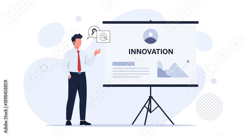 Businessman Presenting Innovation Strategy with Infographic on Screen