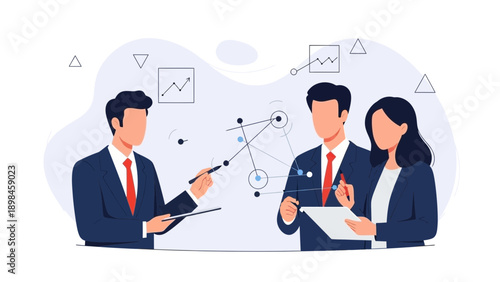 Business Team Analyzing Data and Strategy with Graphs and Network Diagram
