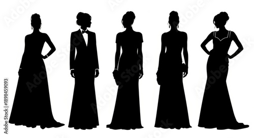 Five Elegant Women Silhouettes in Formal Evening Gowns.