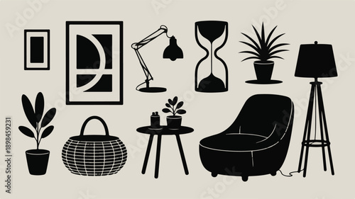 Collection of Contemporary Home Furnishings and Decorative Lifestyle Silhouette Icons.
