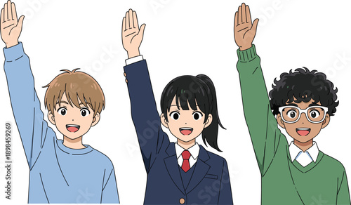 Three Diverse Happy Students Raising Hands Together Enthusiastically to Answer Questions in School Classroom Education Concept Flat Anime Style Illustration