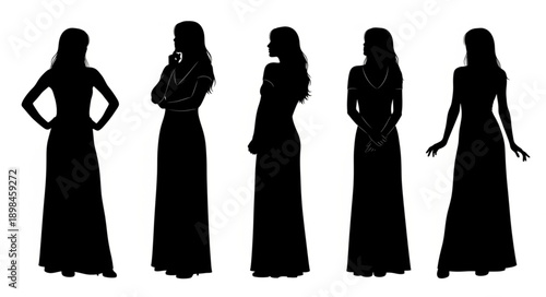 Five Female Silhouettes in Evening Gowns Posed Differently.