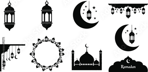 Ramadan Lanterns and Crescent Moon Islamic Decorative Elements Set Keywords: ramadan, islamic, lantern, fanoos, crescent moon, stars, mosque