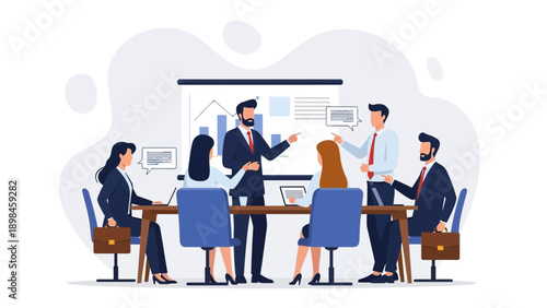 Business meeting illustration: Team discussing strategy at a conference table with charts