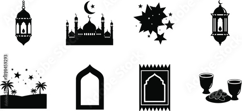 Ramadan Islamic Icons Lantern Mosque Stars Palm Trees Arch Prayer Mat Cups And Dates Keywords: ramadan, islam, muslim, lantern, fanoos, mosque