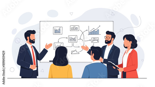 Business team presenting strategy and growth charts on whiteboard