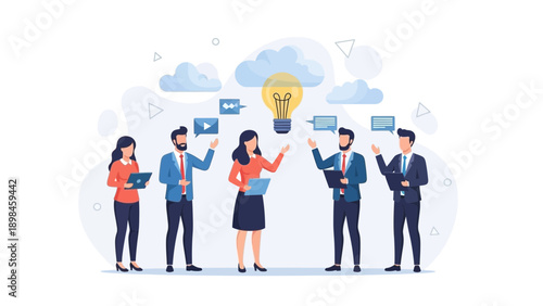 Team Brainstorming With Lightbulb Idea and Cloud Communication Icons