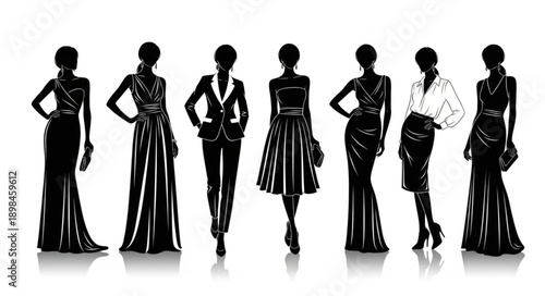 Fashionable Women Silhouettes Displaying Elegant Attire.