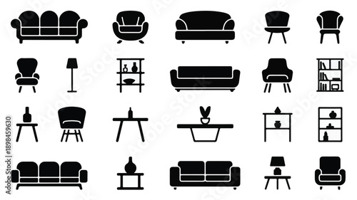 Set of Silhouette Icons for Diverse Living Room Seating and Storage Furniture.