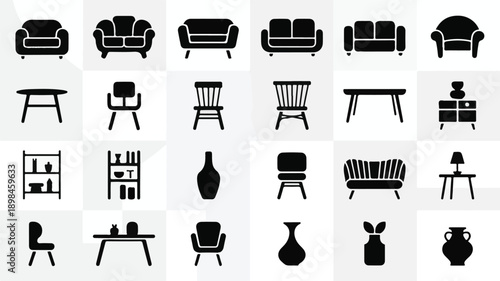 Set of Silhouette Icons for Diverse Living Room Seating and Storage Furniture.