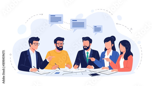 Diverse business team collaborating at a meeting table with speech bubbles