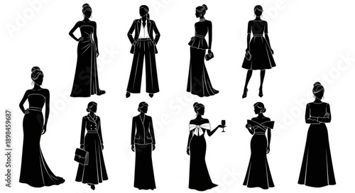 Fashionable Women Silhouettes Diverse Styles Elegant Evening Wear.