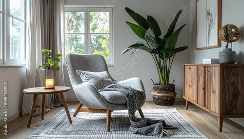 Cozy Interior with Armchair, Plant, and Natural Light.