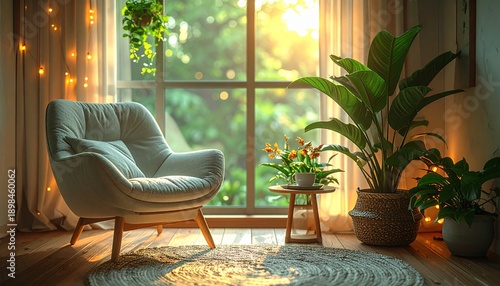 Cozy Interior with Armchair, Plants, and Natural Light.