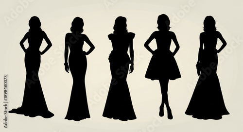 Five elegant female silhouettes in formal gowns and dresses.