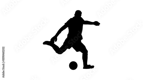 Dynamic black silhouette of a football player in action, powerfully kicking a soccer ball towards the goal, isolated on white background.