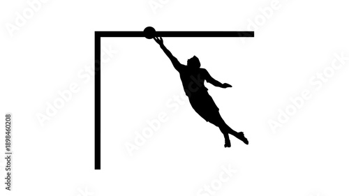 Dramatic black silhouette of a goalkeeper jumping to save a ball at the top corner of the goal post, isolated on white background.