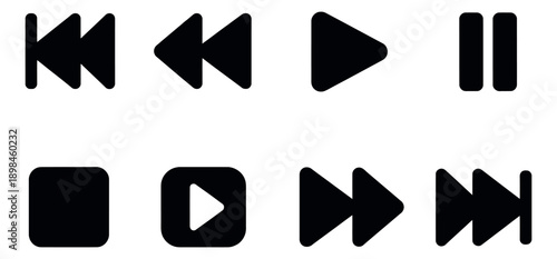 Minimalist media control icon set featuring play, pause, stop, skip, and fast forward symbols for user interface design