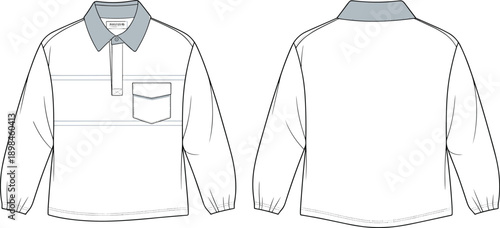 Front and back view of men long sleeve polo shirt illustration with chest pocket, casual fashion apparel technical drawing vector